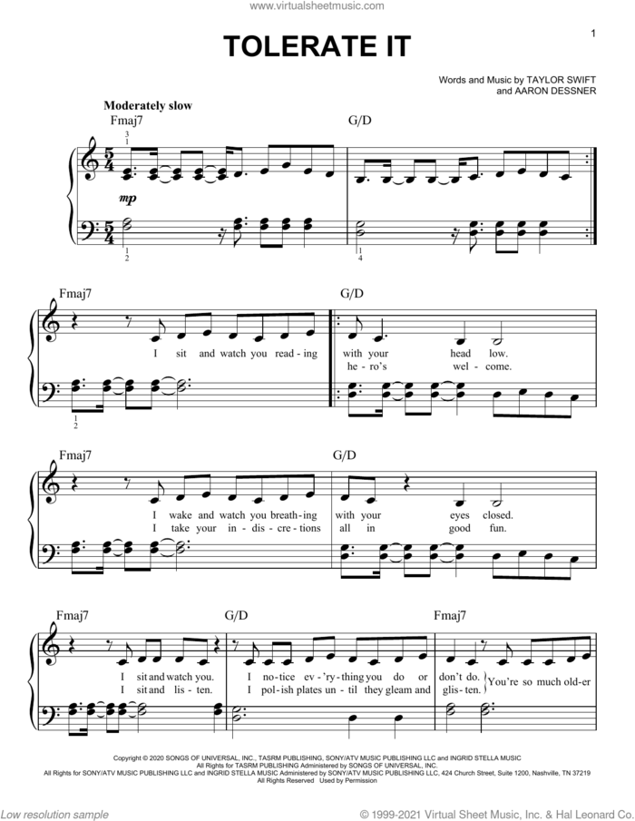 tolerate it sheet music for piano solo by Taylor Swift and Aaron Dessner, easy skill level