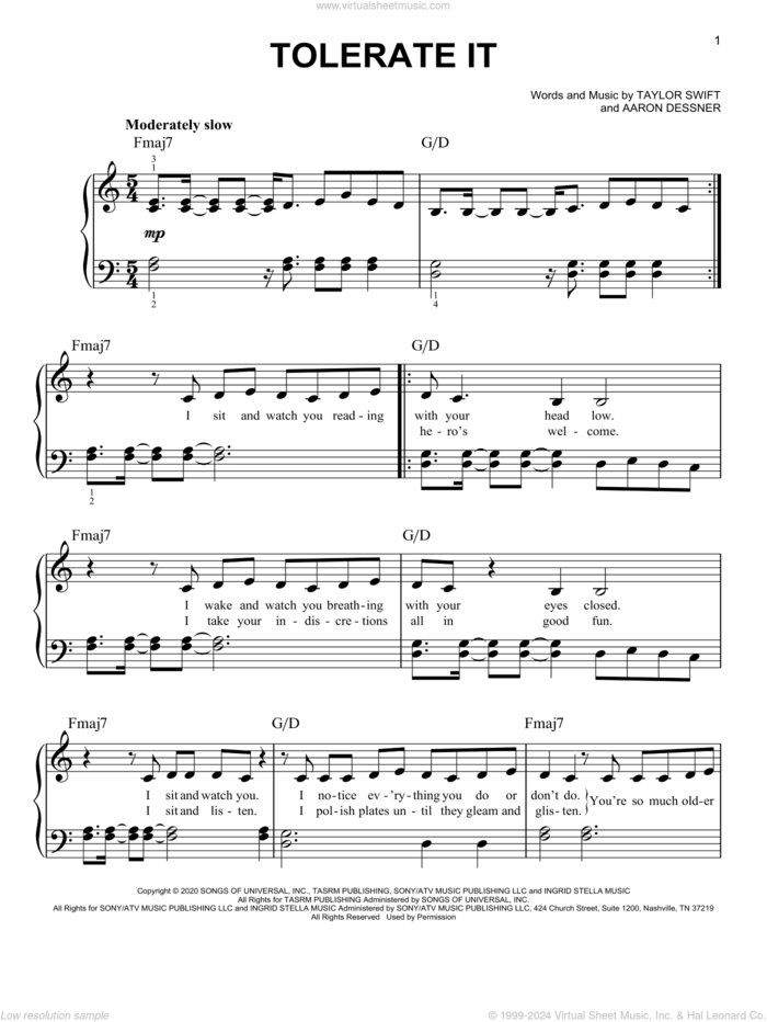 tolerate it sheet music for piano solo by Taylor Swift and Aaron Dessner, easy skill level