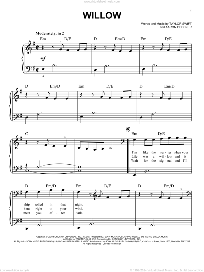 willow, (easy) sheet music for piano solo by Taylor Swift and Aaron Dessner, easy skill level