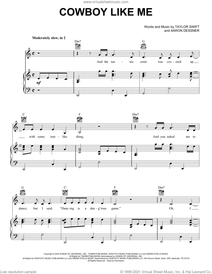 cowboy like me sheet music for voice, piano or guitar by Taylor Swift and Aaron Dessner, intermediate skill level
