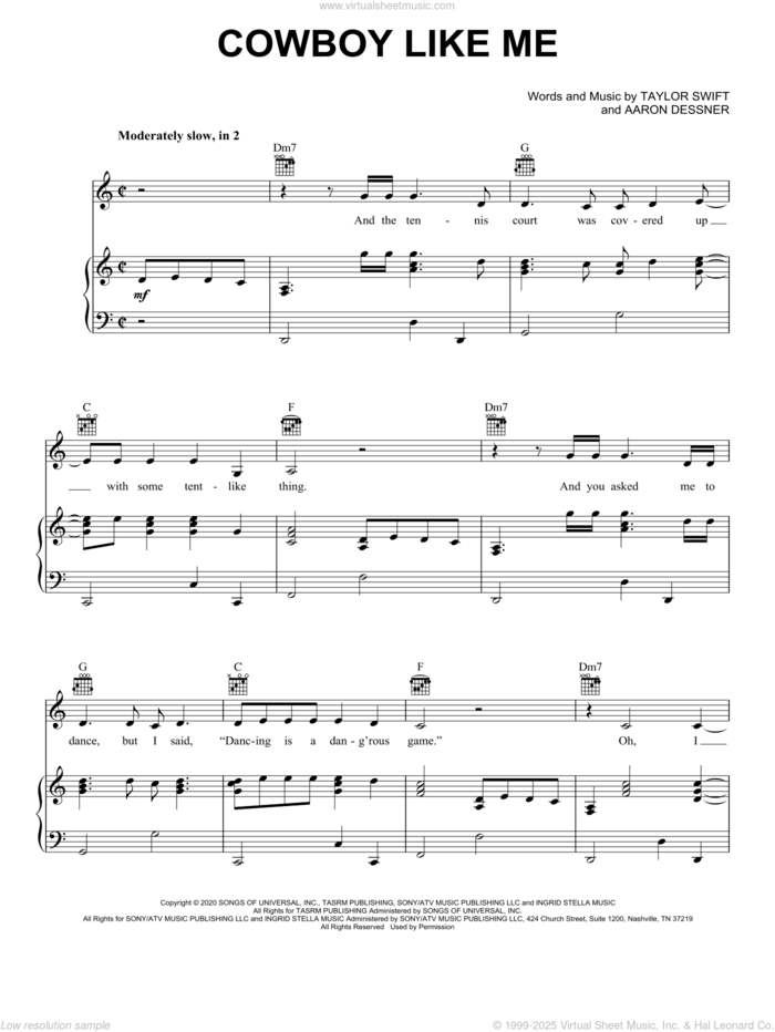 cowboy like me sheet music for voice, piano or guitar by Taylor Swift and Aaron Dessner, intermediate skill level