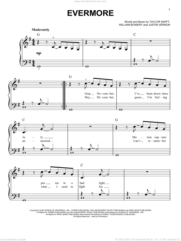 evermore (feat. Bon Iver) sheet music for piano solo by Taylor Swift, Justin Vernon and William Bowery, easy skill level