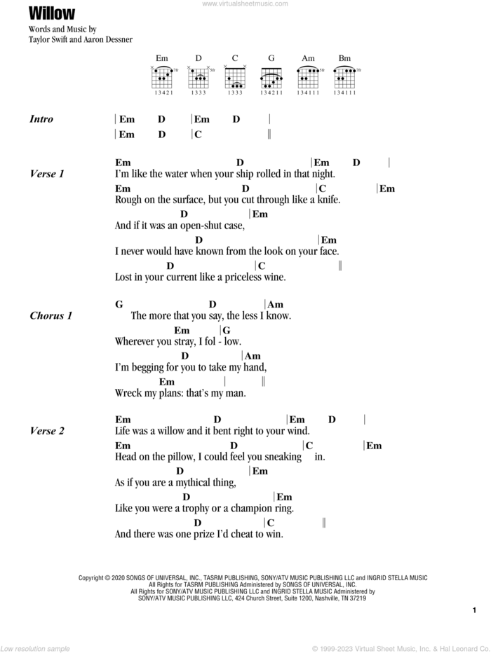 willow sheet music for guitar (chords) by Taylor Swift and Aaron Dessner, intermediate skill level