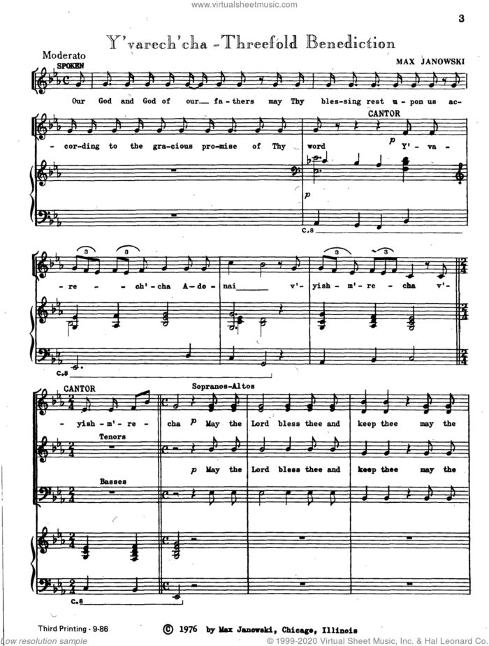Y'varech'cha (Threefold Benediction) sheet music for choir (SATB: soprano, alto, tenor, bass) by Max Janowski, classical score, intermediate skill level