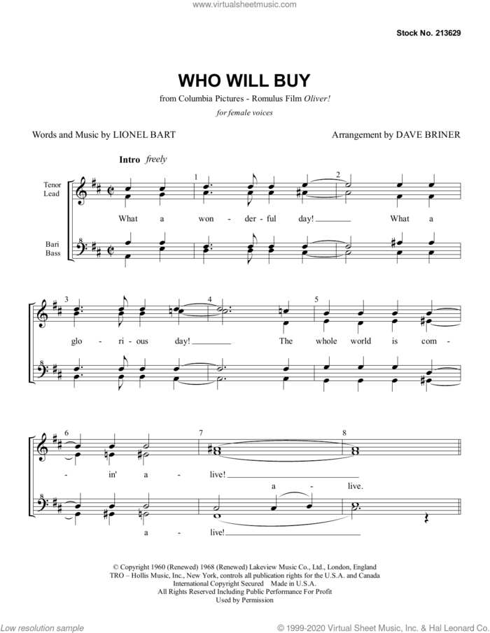 Who Will Buy (from Oliver!) (arr. Dave Briner) sheet music for choir (SSAA: soprano, alto) by Lionel Bart and Dave Briner, intermediate skill level