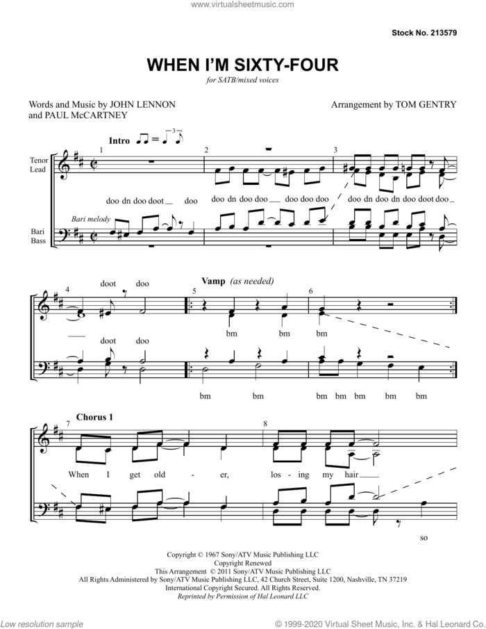When I'm Sixty-Four (arr. Tom Gentry) sheet music for choir (SATB: soprano, alto, tenor, bass) by The Beatles, Tom Gentry, John Lennon and Paul McCartney, intermediate skill level