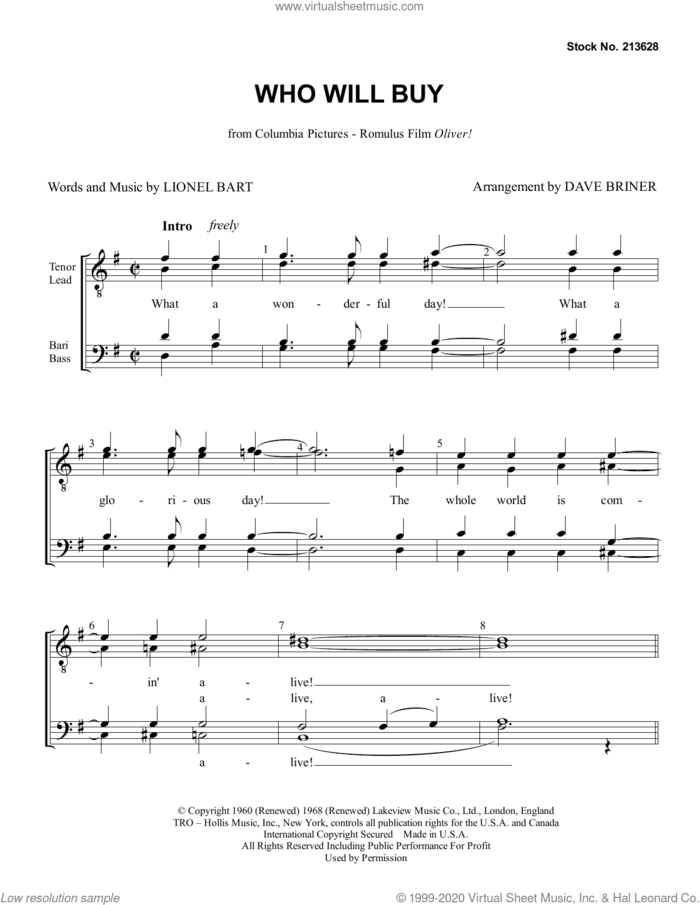 Who Will Buy (from Oliver!) (arr. Dave Briner) sheet music for choir (TTBB: tenor, bass) by Lionel Bart and Dave Briner, intermediate skill level