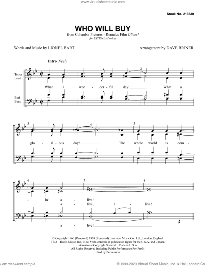 Who Will Buy (from Oliver!) (arr. Dave Briner) sheet music for choir (SATB: soprano, alto, tenor, bass) by Lionel Bart and Dave Briner, intermediate skill level