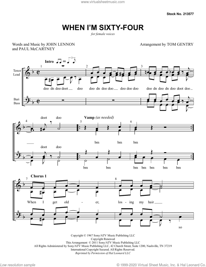 When I'm Sixty-Four (arr. Tom Gentry) sheet music for choir (SSAA: soprano, alto) by The Beatles, Tom Gentry, John Lennon and Paul McCartney, intermediate skill level
