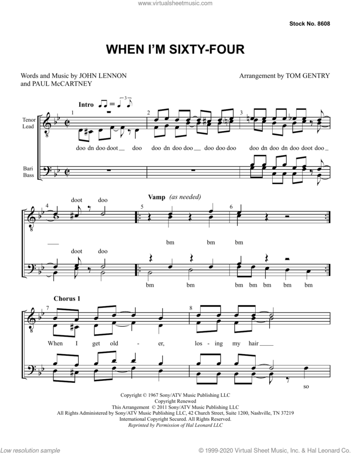 When I'm Sixty-Four (arr. Tom Gentry) sheet music for choir (TTBB: tenor, bass) by The Beatles, Tom Gentry, John Lennon and Paul McCartney, intermediate skill level