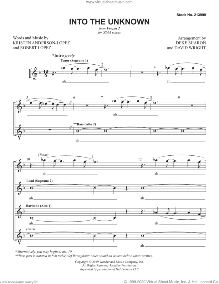 Into the Unknown (from Frozen 2) (arr. Deke Sharon and David Wright) sheet music for choir (SSAA: soprano, alto) by Robert Lopez, David Wright, Deke Sharon, Kristen Anderson-Lopez and Kristen Anderson-Lopez & Robert Lopez, intermediate skill level