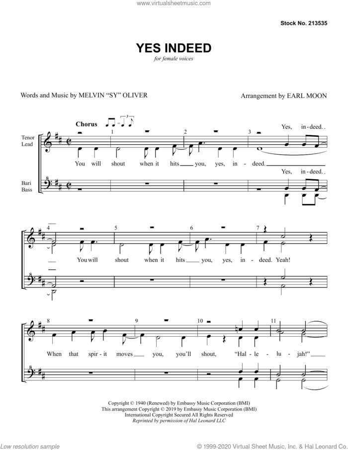 Yes Indeed (arr. Earl Moon) sheet music for choir (SSAA: soprano, alto) by Sy Oliver and Earl Moon, intermediate skill level
