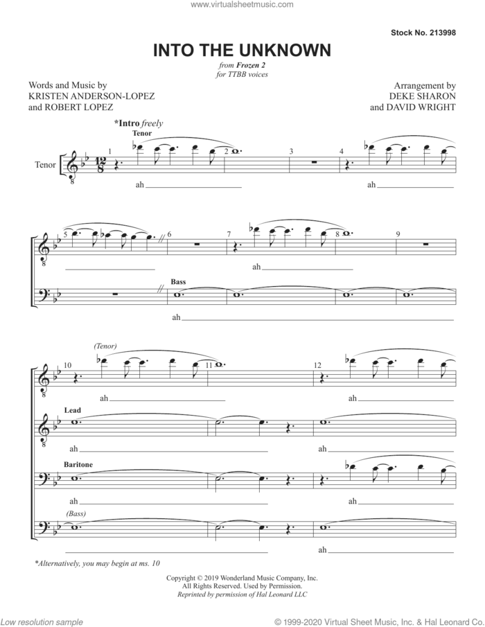 Into the Unknown (from Frozen 2) (arr. Deke Sharon and David Wright) sheet music for choir (TTBB: tenor, bass) by Robert Lopez, David Wright, Deke Sharon, Kristen Anderson-Lopez and Kristen Anderson-Lopez & Robert Lopez, intermediate skill level