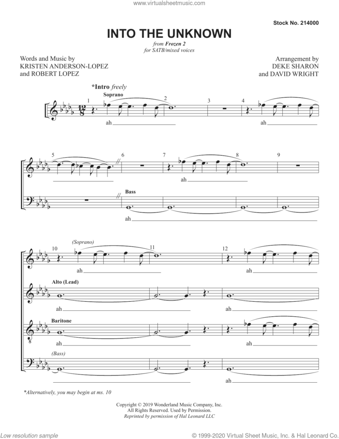 Into the Unknown (from Frozen 2) (arr. Deke Sharon and David Wright) sheet music for choir (SATB: soprano, alto, tenor, bass) by Robert Lopez, David Wright, Deke Sharon, Kristen Anderson-Lopez and Kristen Anderson-Lopez & Robert Lopez, intermediate skill level