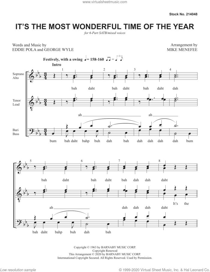 It's The Most Wonderful Time Of The Year (arr. Mike Menefee) sheet music for choir (SATB: soprano, alto, tenor, bass) by George Wyle, Mike Menefee, Eddie Pola and Eddie Pola & George Wyle, intermediate skill level