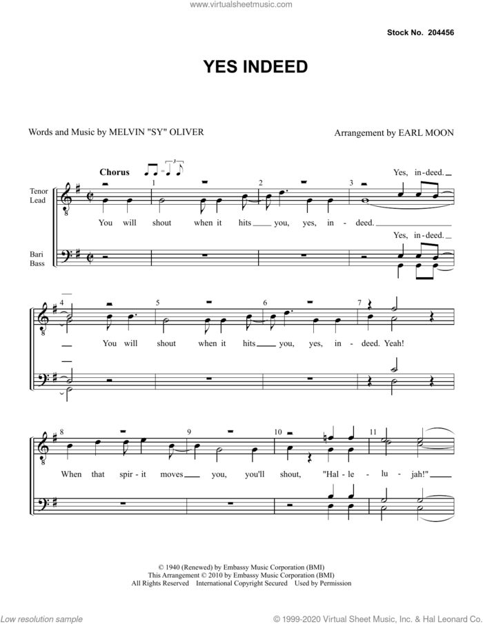 Yes Indeed (arr. Earl Moon) sheet music for choir (TTBB: tenor, bass) by Sy Oliver and Earl Moon, intermediate skill level