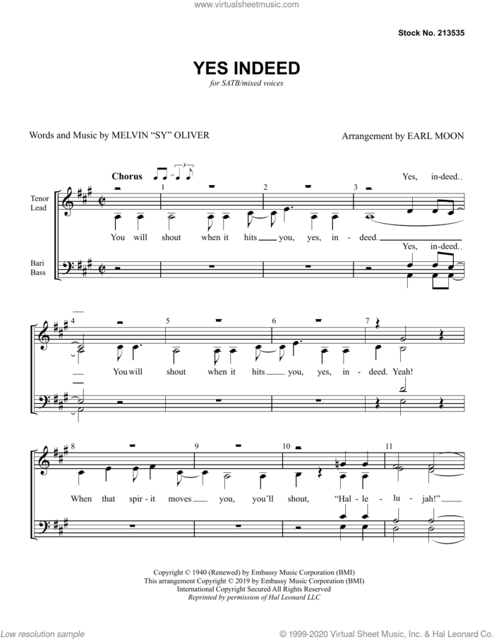 Yes Indeed (arr. Earl Moon) sheet music for choir (SATB: soprano, alto, tenor, bass) by Sy Oliver and Earl Moon, intermediate skill level