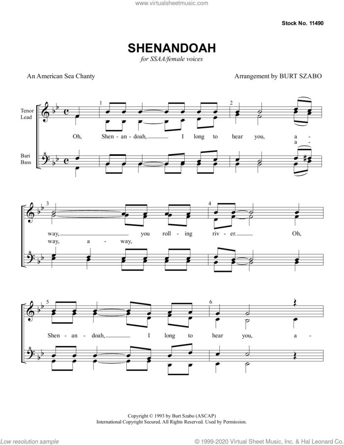 Shenandoah (arr. Burt Szabo) sheet music for choir (SSAA: soprano, alto) by American Folksong, Burt Szabo and American Sea Chanty, intermediate skill level