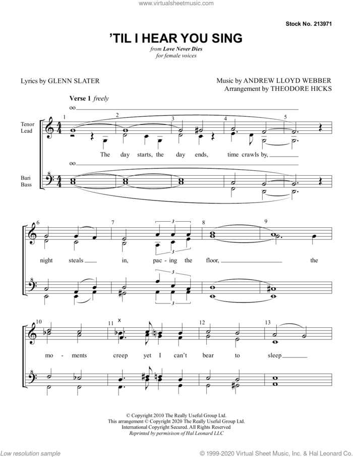 'Til I Hear You Sing (from Love Never Dies) (arr. Theodore Hicks) sheet music for choir (SSAA: soprano, alto) by Glenn Slater, Theo Hicks and Andrew Lloyd Webber, intermediate skill level
