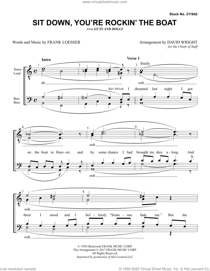 Sit Down, You're Rockin' The Boat (from Guys And Dolls) (arr. David Wright) sheet music for choir (TTBB: tenor, bass) by Chiefs of Staff, David Wright and Frank Loesser, intermediate skill level