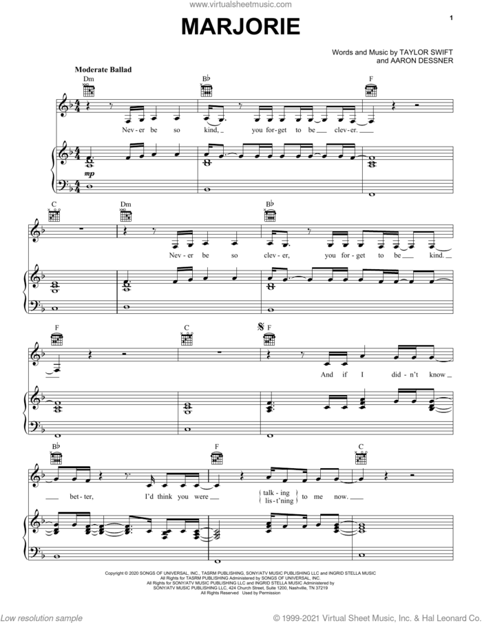 marjorie sheet music for voice, piano or guitar by Taylor Swift and Aaron Dessner, intermediate skill level