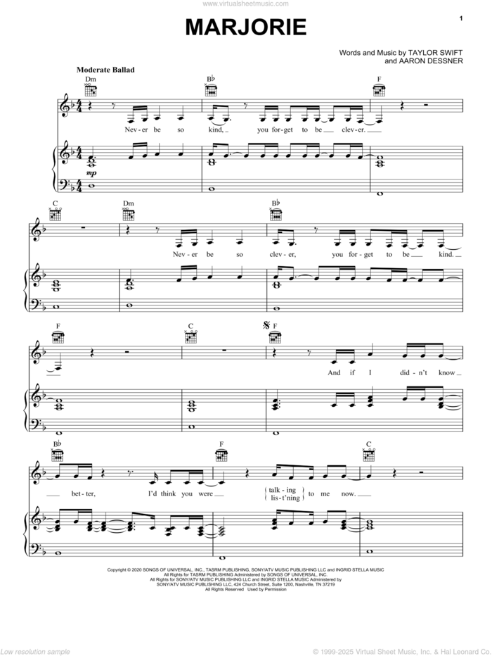 marjorie sheet music for voice, piano or guitar by Taylor Swift and Aaron Dessner, intermediate skill level