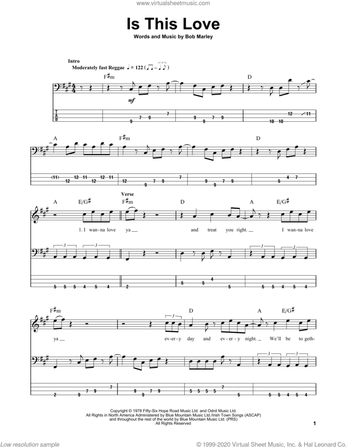 Is This Love sheet music for bass (tablature) (bass guitar) by Bob Marley & The Wailers and Bob Marley, intermediate skill level
