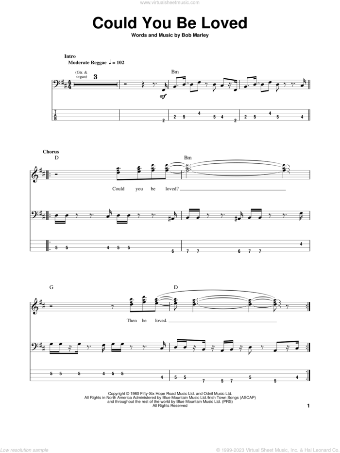 Could You Be Loved sheet music for bass (tablature) (bass guitar) by Bob Marley & The Wailers and Bob Marley, intermediate skill level