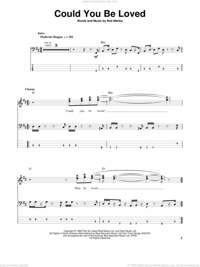 Could You Be Loved sheet music for bass (tablature) (bass guitar) by Bob Marley & The Wailers and Bob Marley, intermediate skill level