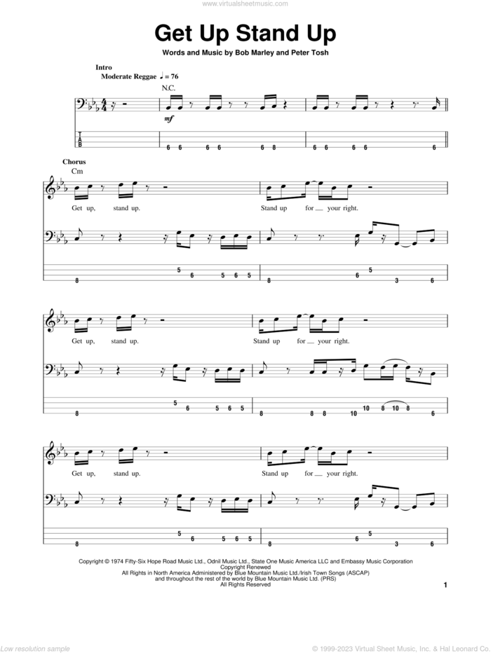 Get Up Stand Up sheet music for bass (tablature) (bass guitar) by Bob Marley & The Wailers, Bob Marley and Peter Tosh, intermediate skill level