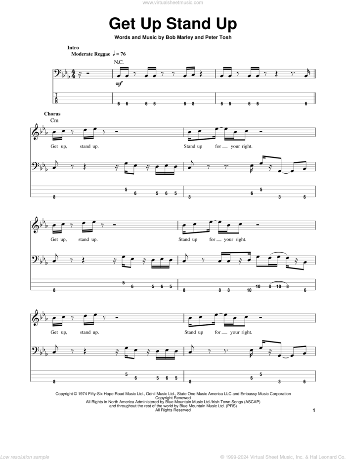 Get Up Stand Up sheet music for bass (tablature) (bass guitar) by Bob Marley & The Wailers, Bob Marley and Peter Tosh, intermediate skill level