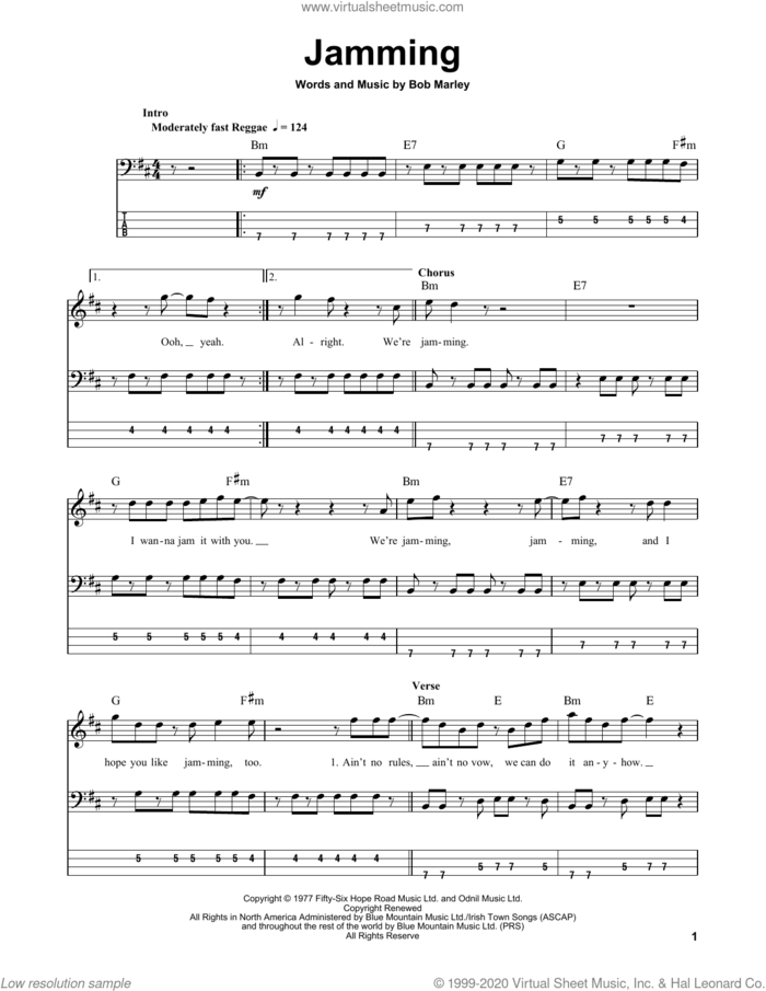 Jamming sheet music for bass (tablature) (bass guitar) by Bob Marley & The Wailers and Bob Marley, intermediate skill level