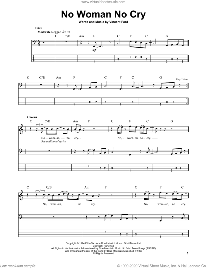 No Woman No Cry sheet music for bass (tablature) (bass guitar) by Bob Marley & The Wailers, Bob Marley and Vincent Ford, intermediate skill level