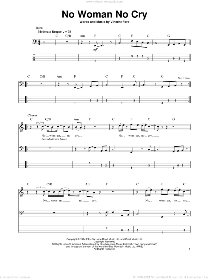 No Woman No Cry sheet music for bass (tablature) (bass guitar) by Bob Marley & The Wailers, Bob Marley and Vincent Ford, intermediate skill level