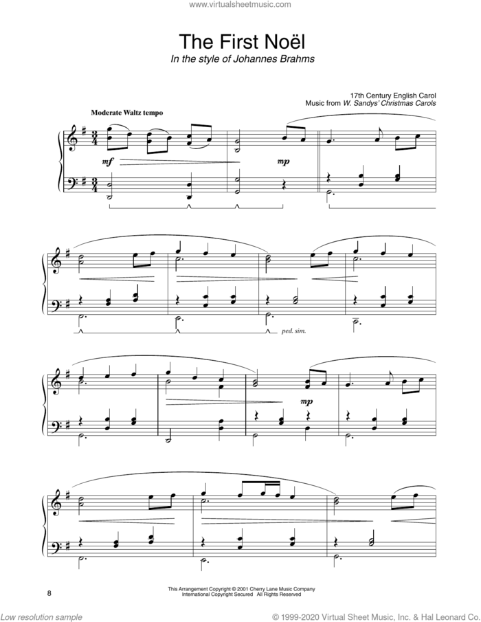 The First Noel (in the style of Johannes Brahms) (arr. Carol Klose) sheet music for piano solo by W. Sandys' Christmas Carols, Carol Klose and Miscellaneous, classical score, intermediate skill level
