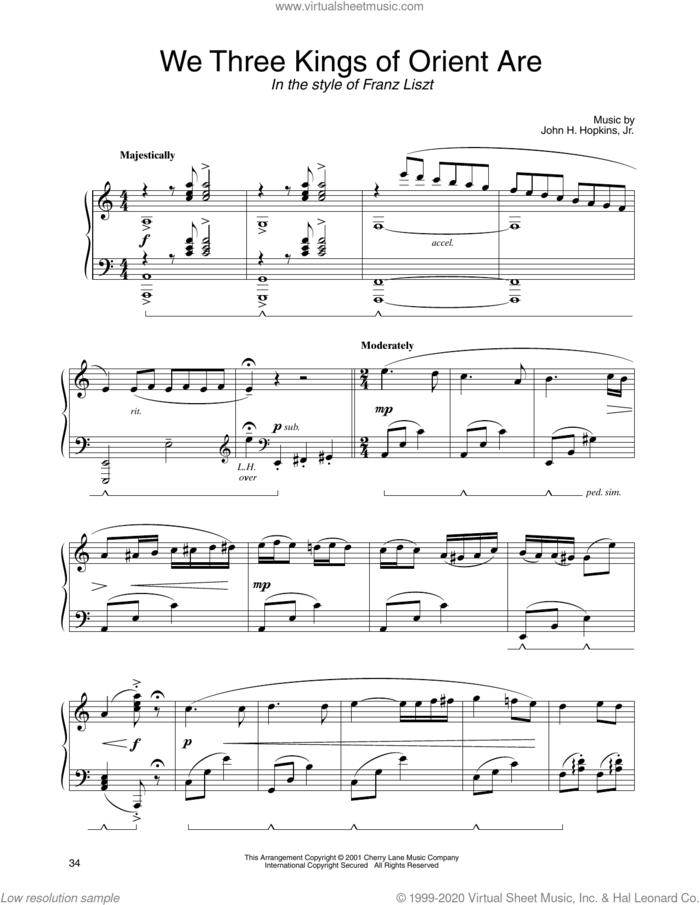 We Three Kings Of Orient Are (in the style of Franz Liszt) (arr. Carol Klose) sheet music for piano solo by John H. Hopkins, Jr. and Carol Klose, classical score, intermediate skill level