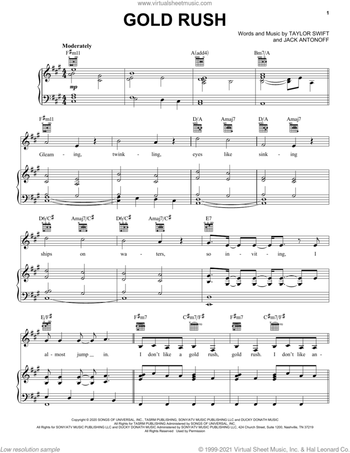 gold rush sheet music for voice, piano or guitar by Taylor Swift and Jack Antonoff, intermediate skill level