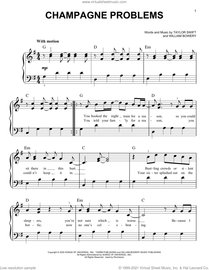 champagne problems, (easy) sheet music for piano solo by Taylor Swift and William Bowery, easy skill level