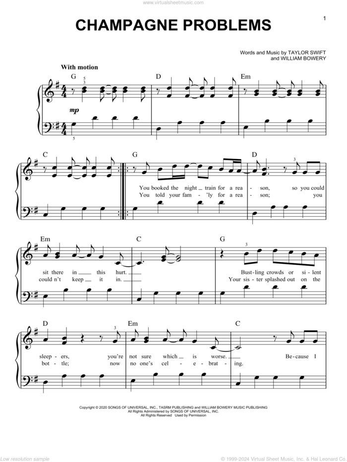 champagne problems, (easy) sheet music for piano solo by Taylor Swift and William Bowery, easy skill level