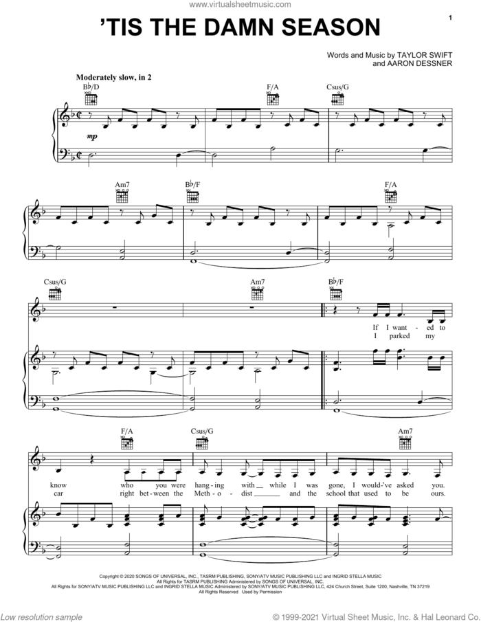 'tis the damn season sheet music for voice, piano or guitar by Taylor Swift and Aaron Dessner, intermediate skill level