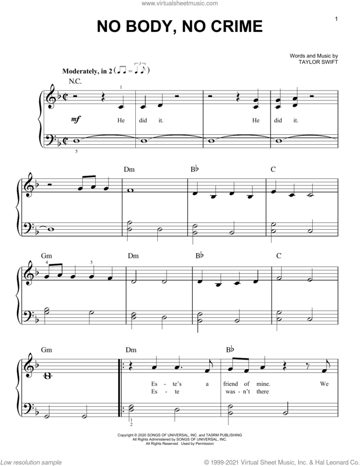 no body, no crime (feat. HAIM) sheet music for piano solo by Taylor Swift, easy skill level