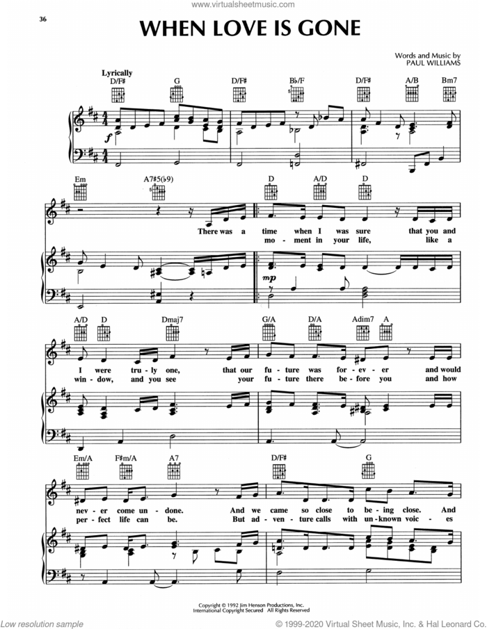 When Love Is Gone (from The Muppet Christmas Carol) sheet music for voice, piano or guitar by Paul Williams, intermediate skill level
