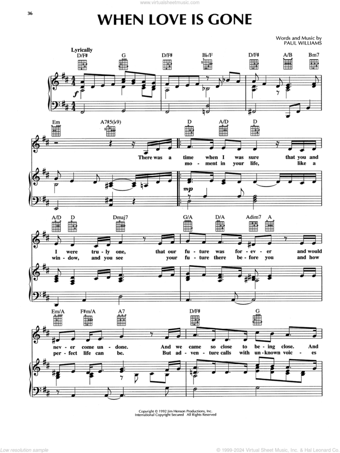 When Love Is Gone (from The Muppet Christmas Carol) sheet music for voice, piano or guitar by Paul Williams, intermediate skill level