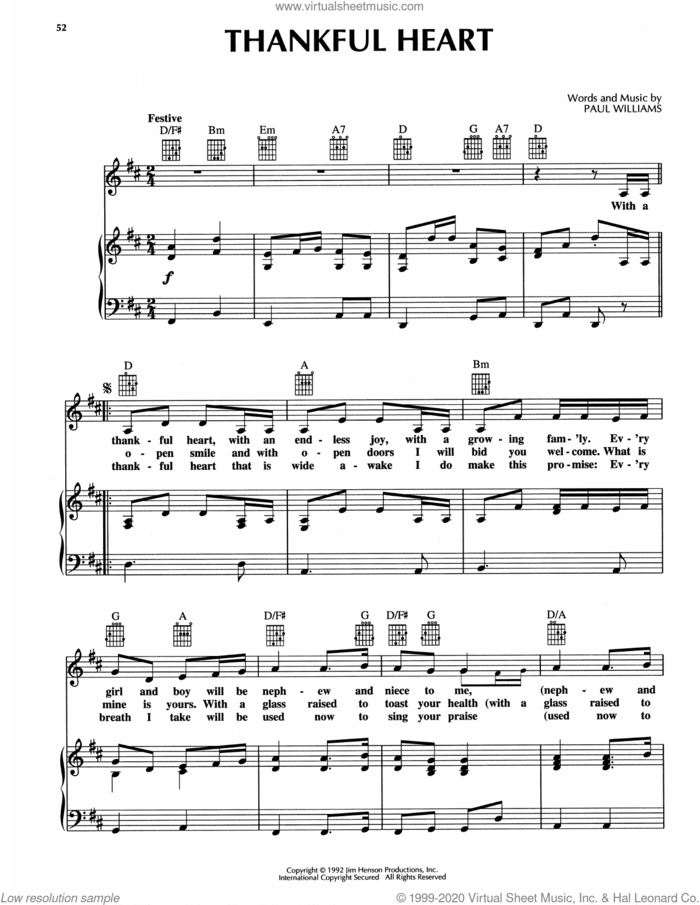 Thankful Heart (from The Muppet Christmas Carol) sheet music for voice, piano or guitar by Paul Williams, intermediate skill level