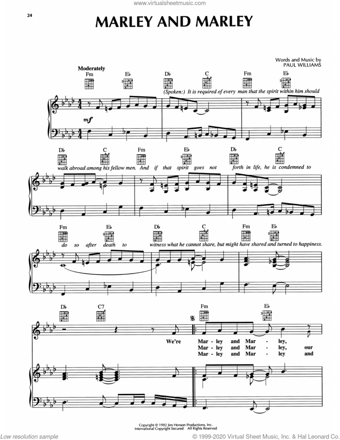 Marley And Marley (from The Muppet Christmas Carol) sheet music for voice, piano or guitar by Paul Williams, intermediate skill level