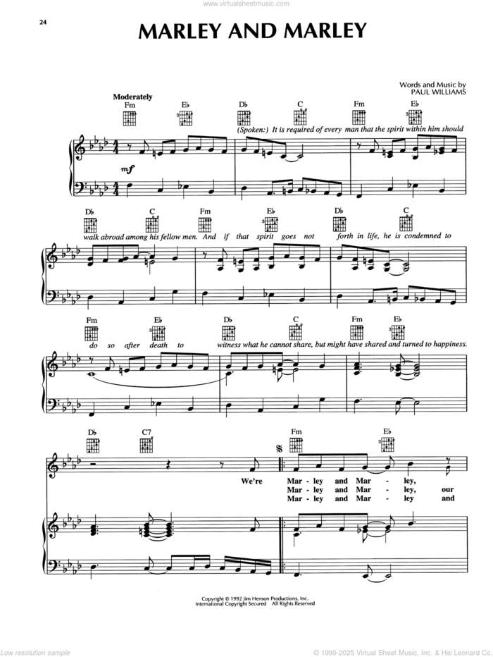 Marley And Marley (from The Muppet Christmas Carol) sheet music for voice, piano or guitar by Paul Williams, intermediate skill level