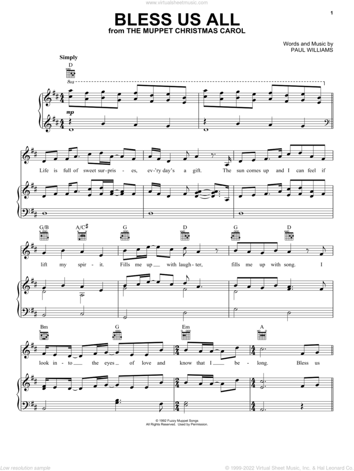 Bless Us All (from The Muppet Christmas Carol) sheet music for voice, piano or guitar by Paul Williams, intermediate skill level