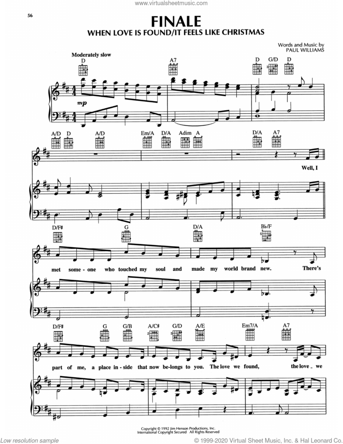 Finale - When Love Is Found/It Feels Like Christmas (from The Muppet Christmas Carol) sheet music for voice, piano or guitar by Paul Williams, intermediate skill level