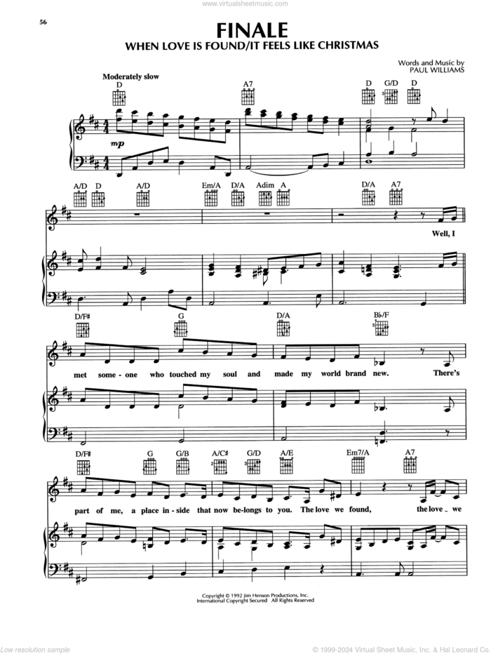 Finale - When Love Is Found/It Feels Like Christmas (from The Muppet Christmas Carol) sheet music for voice, piano or guitar by Paul Williams, intermediate skill level