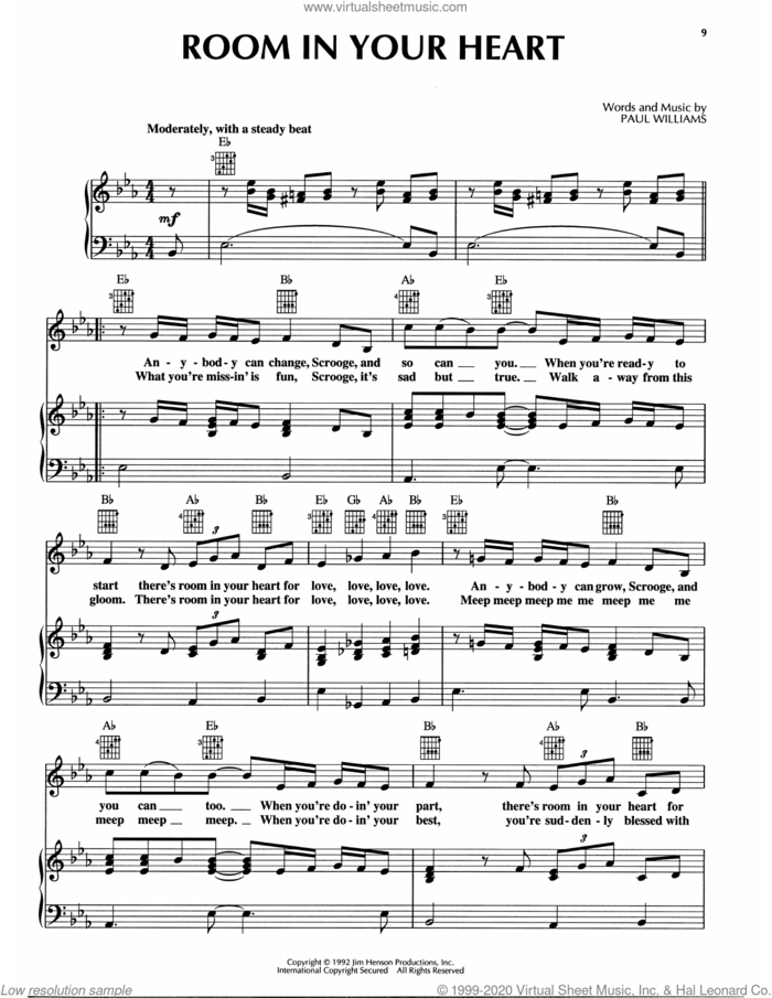 Room In Your Heart (from The Muppet Christmas Carol) sheet music for voice, piano or guitar by Paul Williams, intermediate skill level